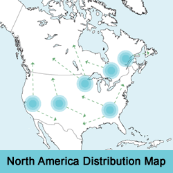 Map of North America showing distribution location of Natural Cinders